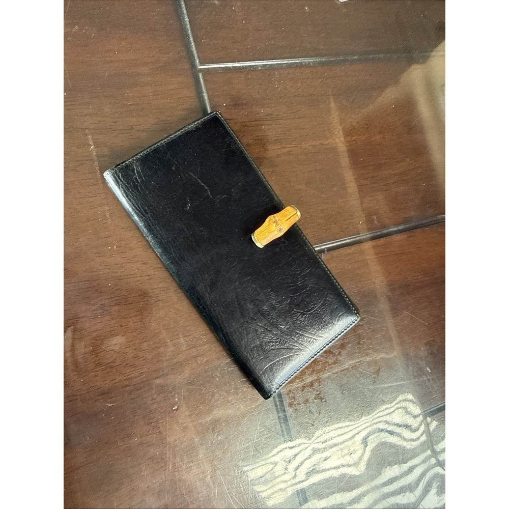 Vintage Gucci Long Wallet Magnetic Bamboo Clasp Black Leather